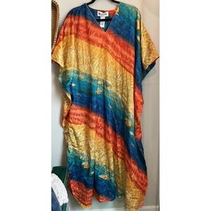 Winlar Womens Red Green Blue Seashells Beach Satin Coverup Kaftan Dress OSFM